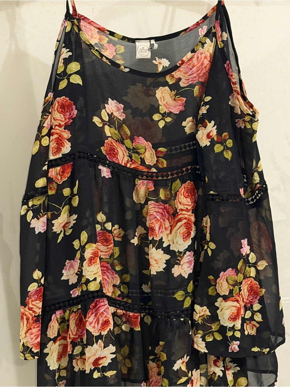 Paper Crane Black Floral Cold-Shoulder Sheer Tunic